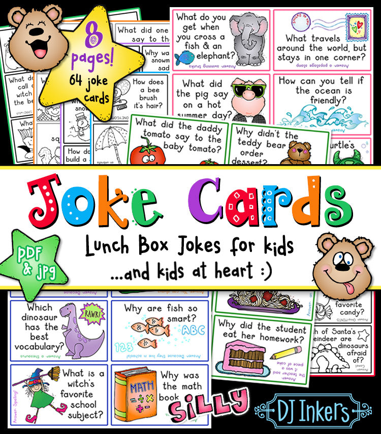 Share a silly jokes and a smile with these fun joke cards by DJ Inkers