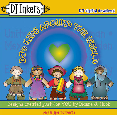 Clip art kids around the world and country flags for teachers and crafting by DJ Inkers