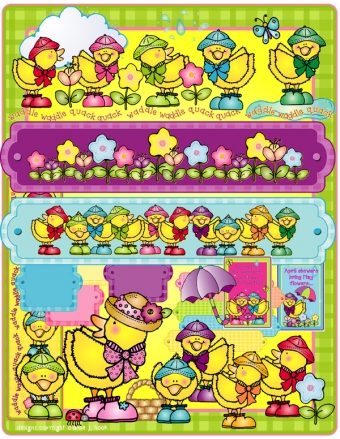 Cute springtime ducks, flowers and rainy day clip art by DJ Inkers