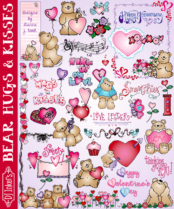 Bear Hugs and Kisses - cute Valentine clip art by DJ Inkers
