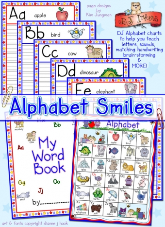 Alphabet Smiles - handwriting, letters and sounds writing pages, workbook for pre-K by DJ Inkers