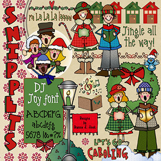 Christmas Caroling Clip Art Snippets, Font and Printables Kit