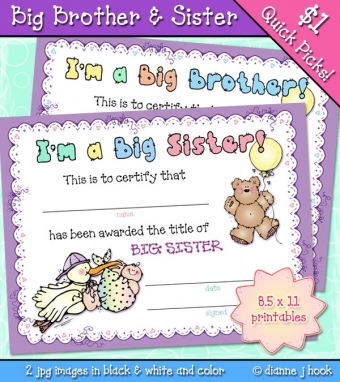 Cute printable certificates for a new big brother or sister by DJ Inkers made with our 'New Arrival' baby clip art