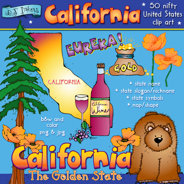 Cute California clip art, state symbols and slogan set by DJ Inkers.