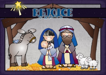 Rejoice nativity card with cute Christmas clip art by DJ Inkers