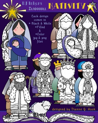 Unique zendoodle nativity clip art and coloring page by DJ Inkers