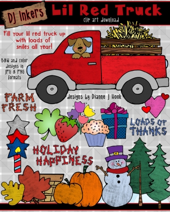 DJ Inker's Little Red Truck clip art is perfect for harvest time, country fun, holiday greetings, teachers and little boys.