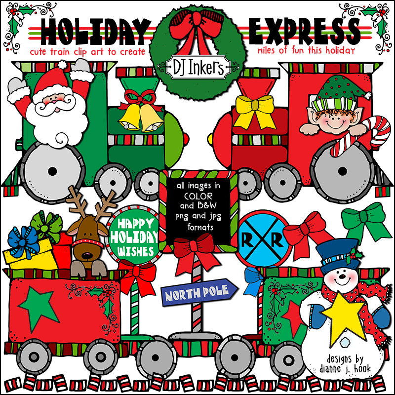 All aboard the Holiday Express for miles of Christmas smiles and cute train clip art by DJ Inkers