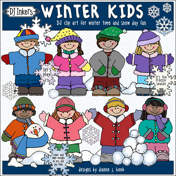 Cute Winter Kids clip art - boys and girls in snow clothes by DJ Inkers