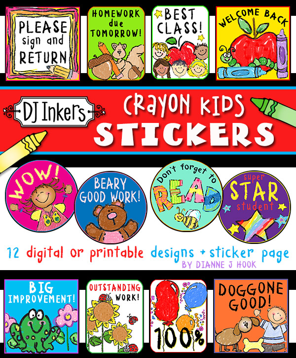 Cute digital stickers for teachers and students made with DJ Inkers Crayon Kids clip art