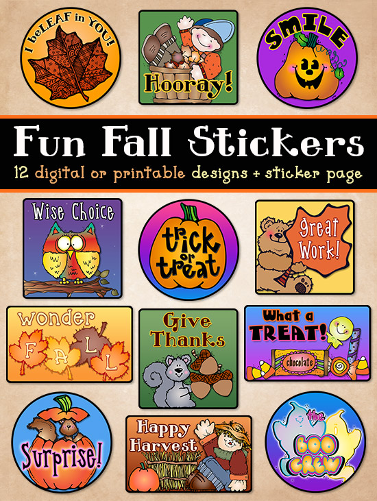 12 digital or printable stickers for fall and autumn smiles by DJ Inkers