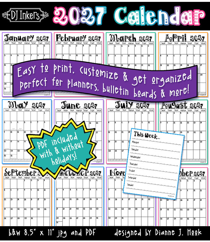 2027 Printable Calendar Download by DJ Inkers