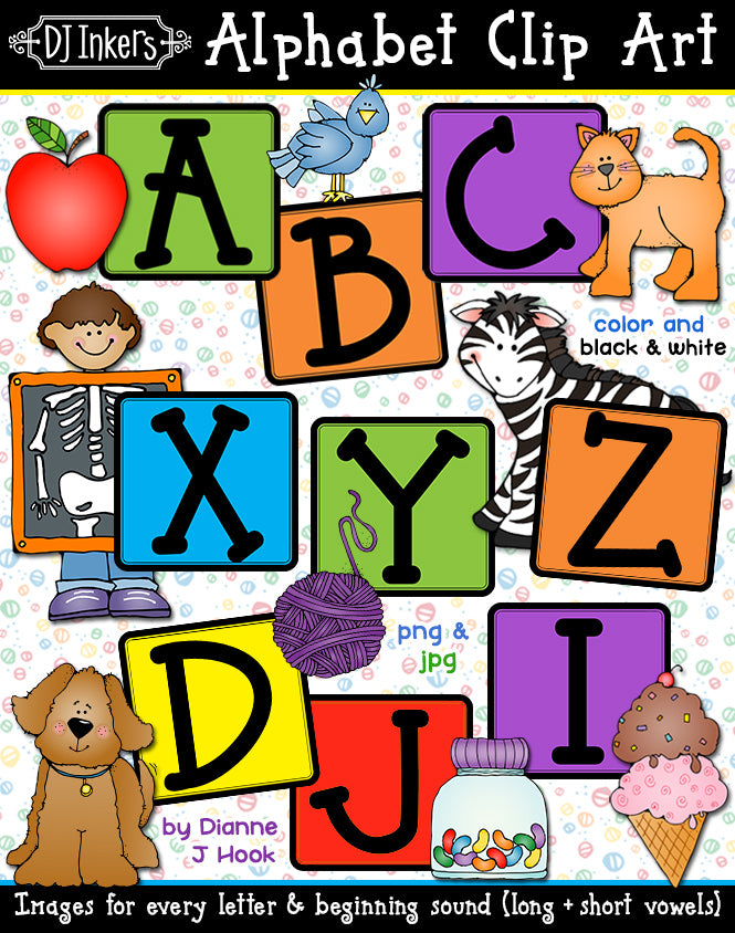 Letters and beginning sounds clip art for teaching the alphabet by DJ Inkers