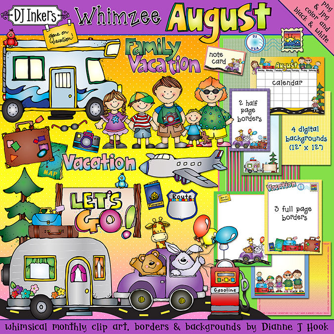 Whimsical summer vacation clip art, borders and backgrounds by DJ Inkers