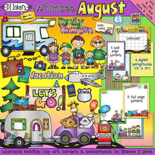 Whimsical summer vacation clip art, borders and backgrounds by DJ Inkers