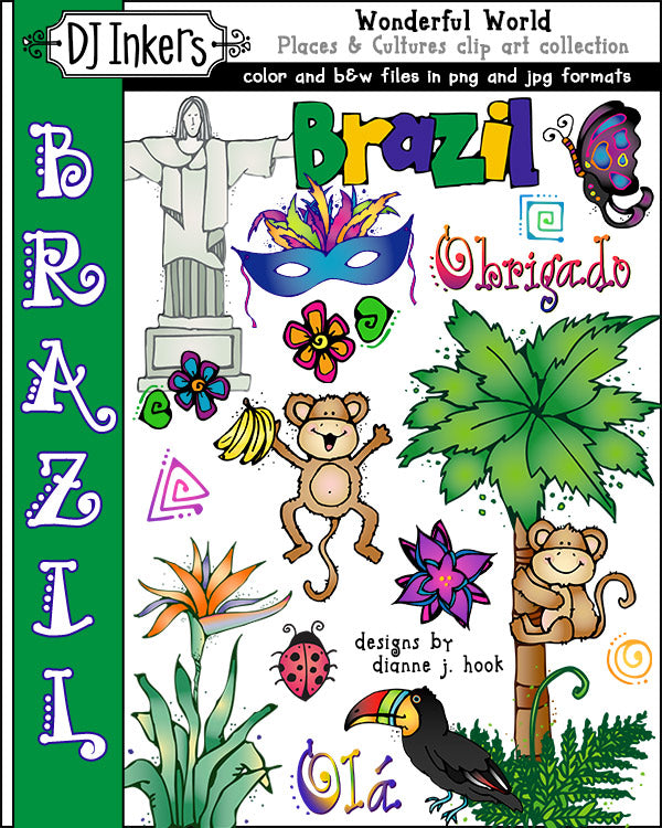 Fun kids clip art for Brazil, South America and the Amazon rainforest by DJ Inkers