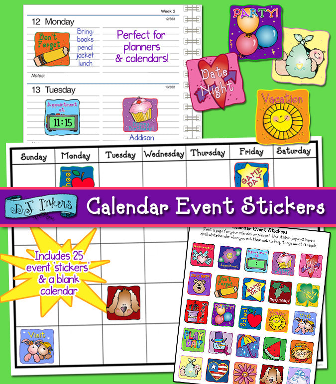 Printable or digital special event stickers for planners & calendars by DJ Inkers.