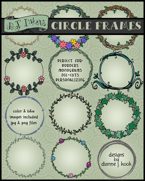 Circle Frames Spring Clip Art Wreaths and Text Blocks by DJ Inkers