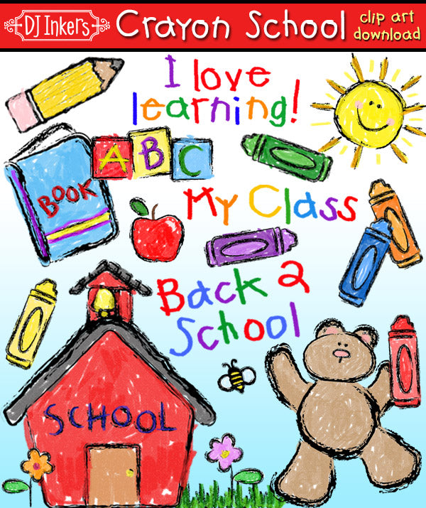 Cute crayon style clip art for teachers, schools and classrooms by DJ Inkers
