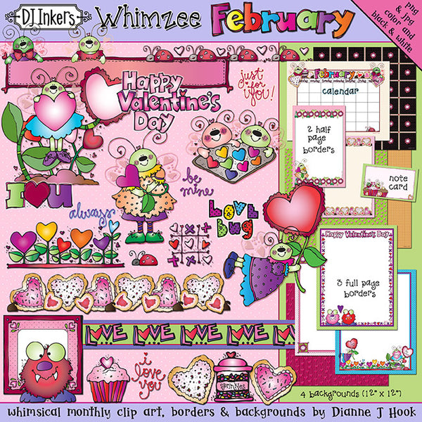 February Whimzee Lovebug Clip Art, Borders & Backgrounds