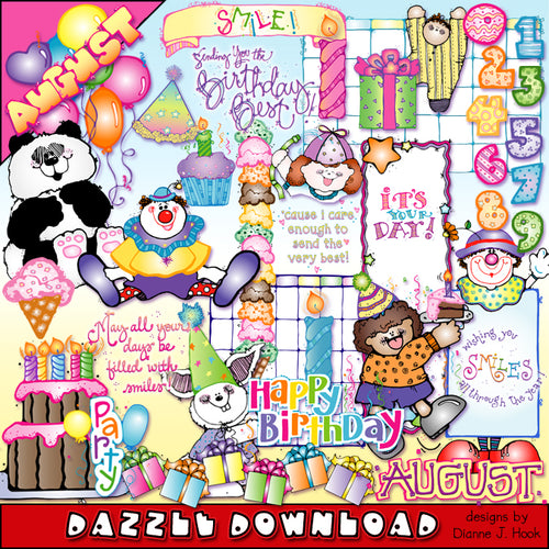 Cute, classic clip art for August , birthday and party time fun for kids by DJ Inkers.