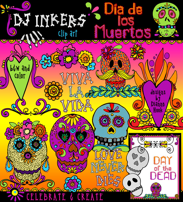 Spooky sweet clip art & sugar skull smiles to celebrate the Day of the Dead -DJ Inkers