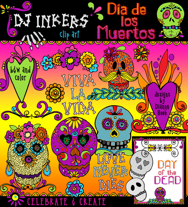 Spooky sweet clip art & sugar skull smiles to celebrate the Day of the Dead -DJ Inkers