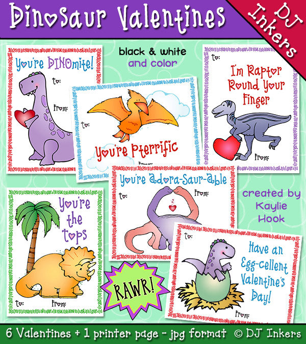 Cute printable dinosaur valentines for kids by DJ Inkers