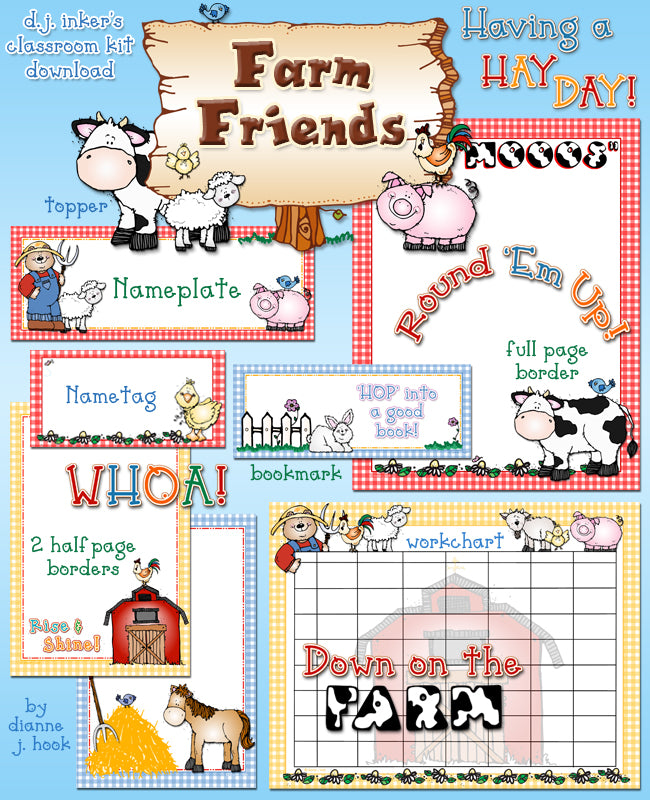 Farm Friends borders and printable projects for the classrooms with barnyard animal clip art by DJ Inkers