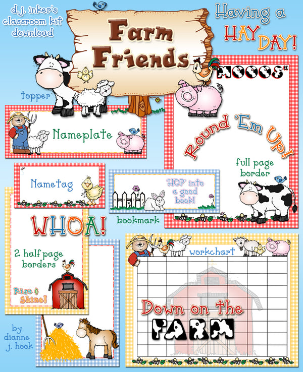Farm Friends borders and printable projects for the classrooms with barnyard animal clip art by DJ Inkers