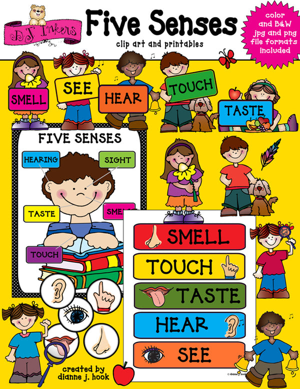 Fun kids clip art for teaching the 5 senses by DJ Inkers