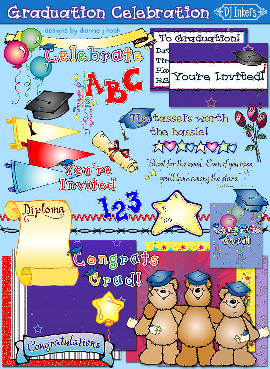 DJ Inkers' Graduation Celebration is full of clip art to make celebrating graduates colorful and fun