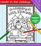 Happy Holidays coloring page with Santa and a reindeer in an old truck by DJ Inkers
