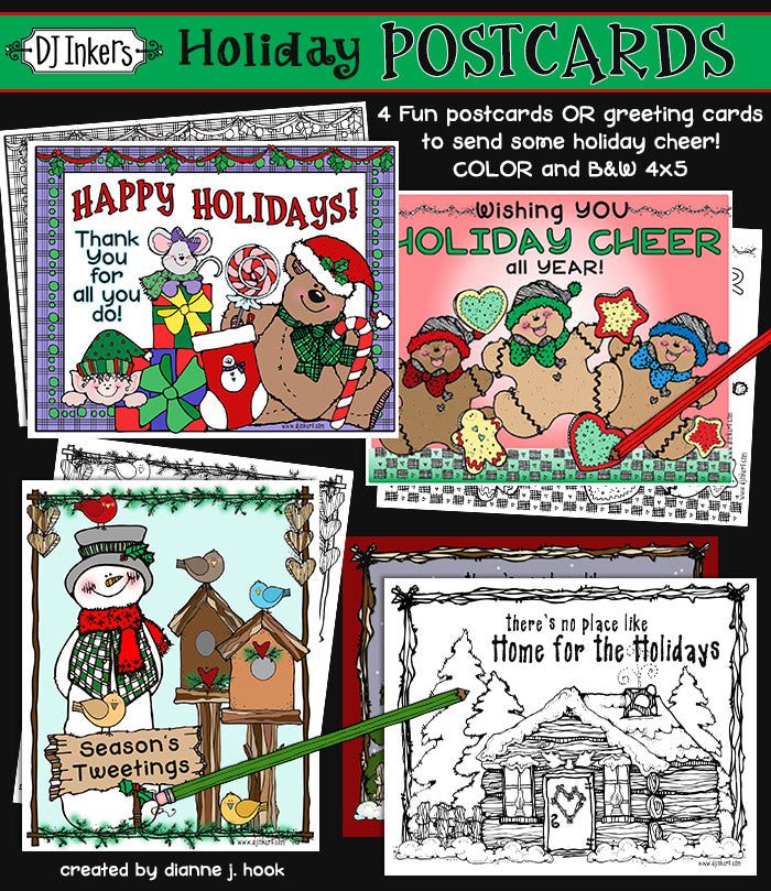 Color your own Christmas cards by DJ Inkers for kids or kidulting this holiday season