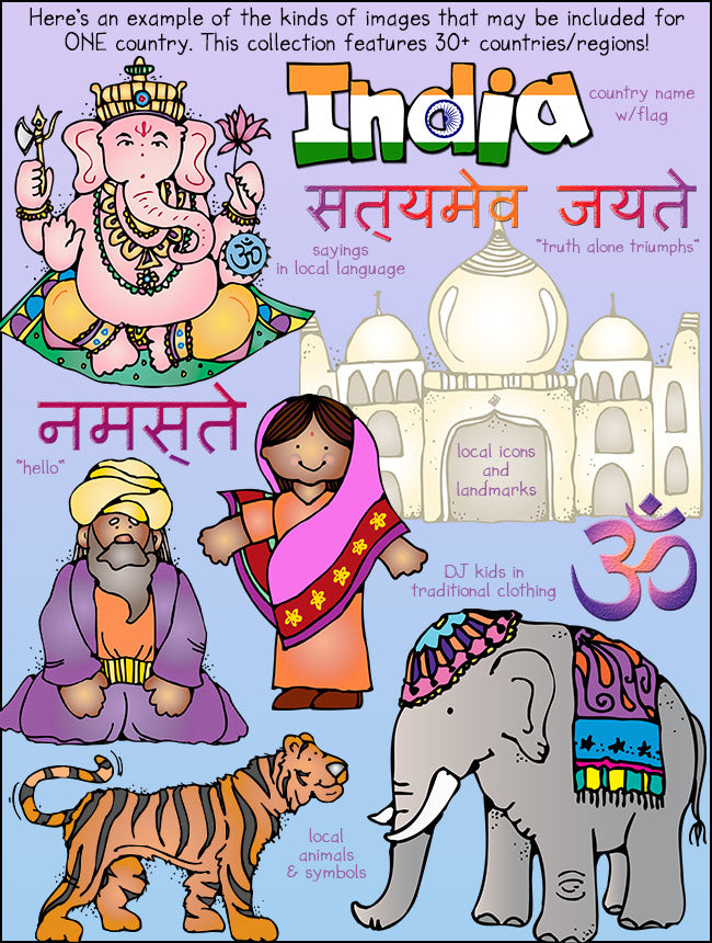 India country report clip art for kids, teachers and travel by DJ Inkers