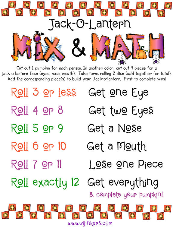 Jack o lantern Halloween dice game - created using DJ Inker's spooky clip art alphabet