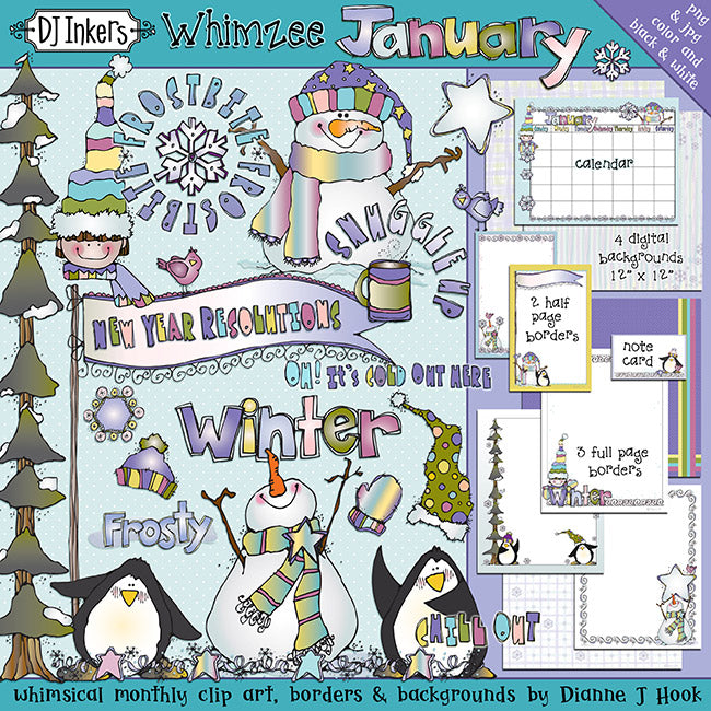 January Whimzee clip art, borders and backgrounds for winter by DJ Inkers