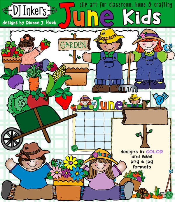 Cute kids clip art for gardening, healthy living and summer fun by DJ Inkers
