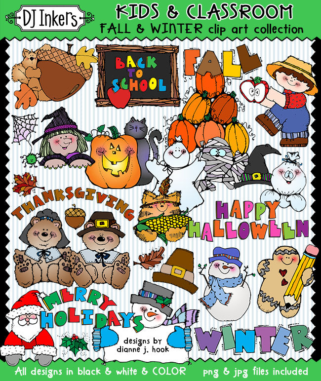 Seasonal fall and winter holiday clip art for kids and classrooms by DJ Inkers