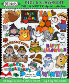 Seasonal fall and winter holiday clip art for kids and classrooms by DJ Inkers
