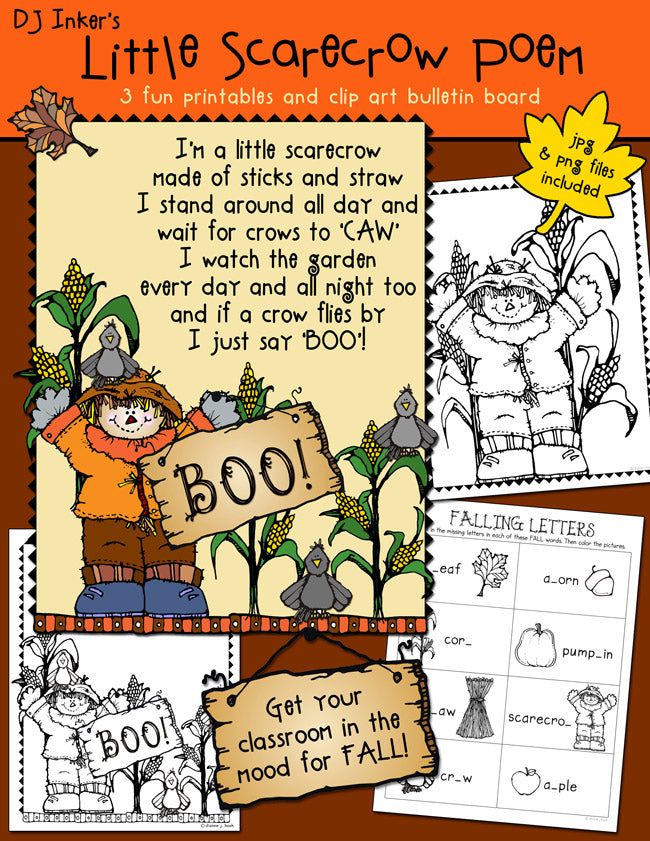 Little Scarecrow Poem printable harvest bulletin board by DJ Inkers