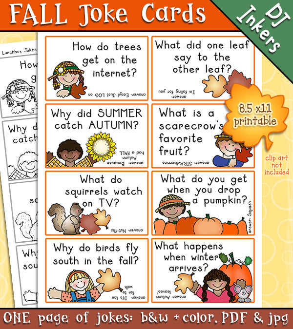 Printable joke cards for fall and autumn fun by DJ Inkers