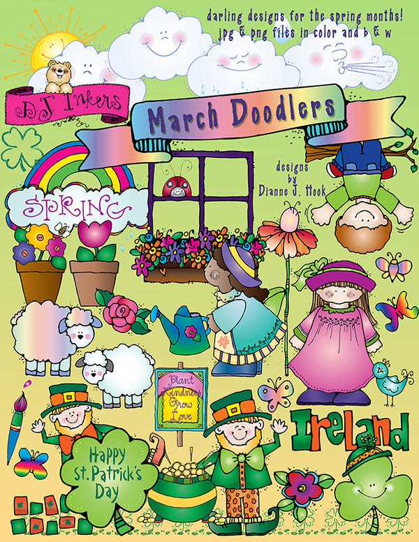 Cute spring clip art for St. Patrick's Day and March weather by DJ Inkers