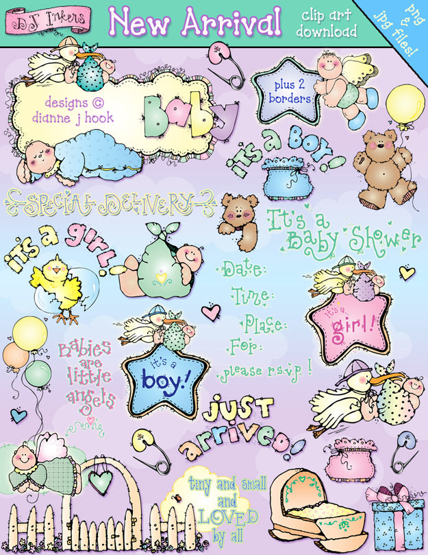 New Arrival stork and baby clip art for baby girl or boy by DJ Inkers