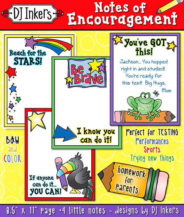 Notes of Encouragement homework for parents and testing by DJ Inkers