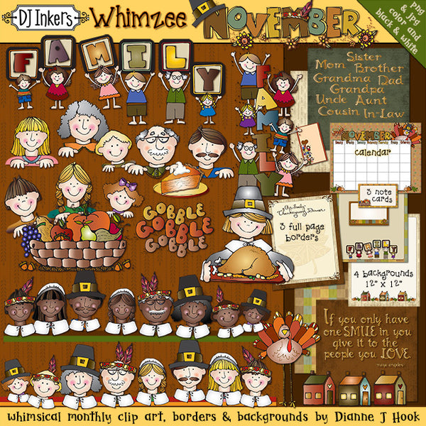 Whimsical family clip art and borders for Thanksgiving and November by DJ Inkers