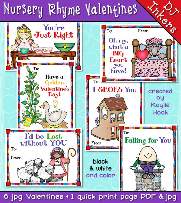 Nursery Rhyme Valentines made with cute kids clip art by DJ Inkers
