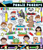 Cute clip art with kids and animals holding pencils for writing and smiles at school by DJ Inkers
