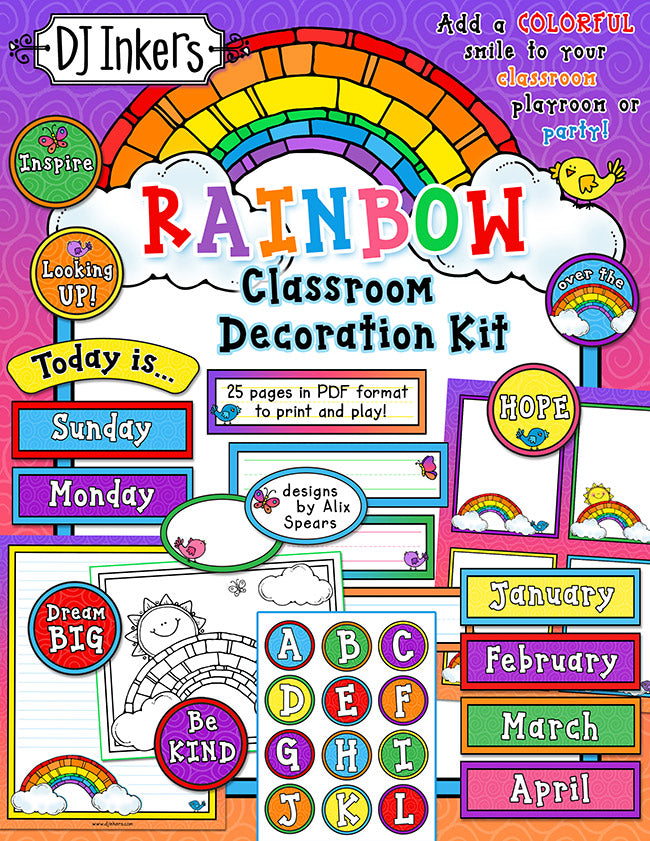 Rainbow Classroom Decorations, Borders and Printables by DJ Inkers