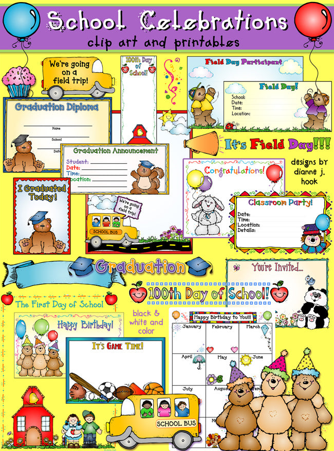 School Celebrations clip art, printables and certificates for teachers by DJ Inkers